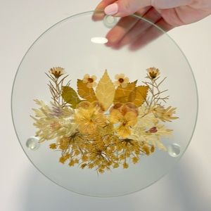 Vintage Pressed Dried Floral Glass Coaster Tray